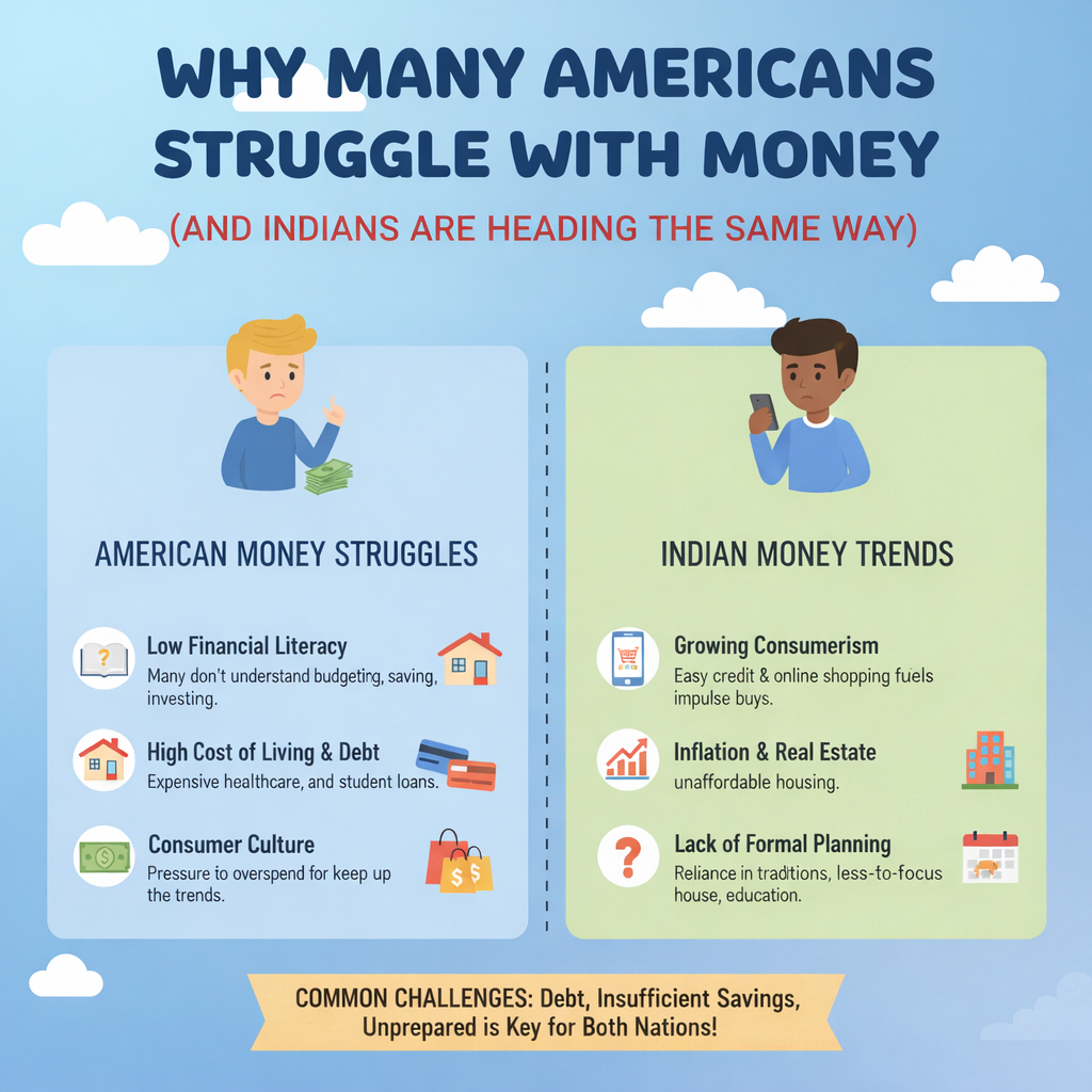 Infographic comparing money habits in America and India, showing why many Americans struggle with money and how Indians are facing similar financial challenges.