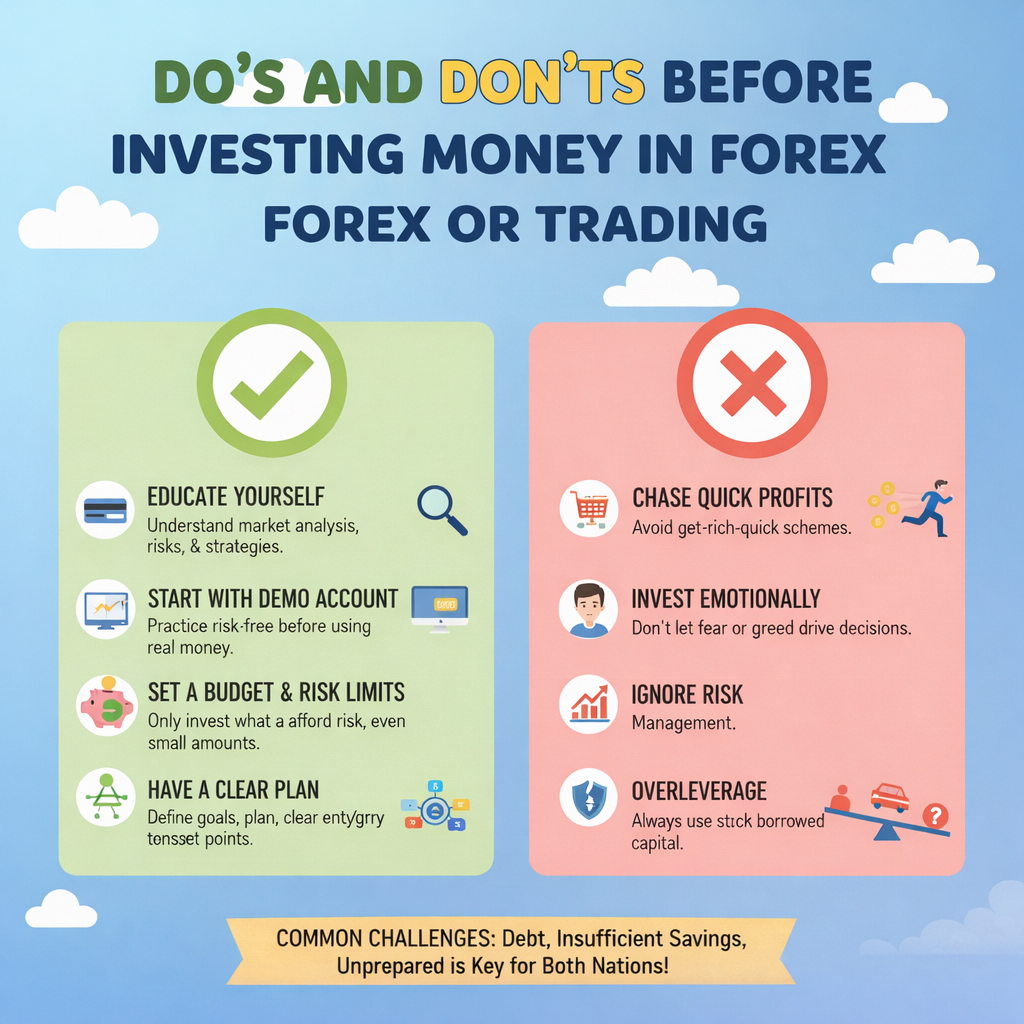 Infographic showing the do’s and don’ts before investing in forex or trading, including risk management, leverage awareness, emotional control, and common beginner mistakes.