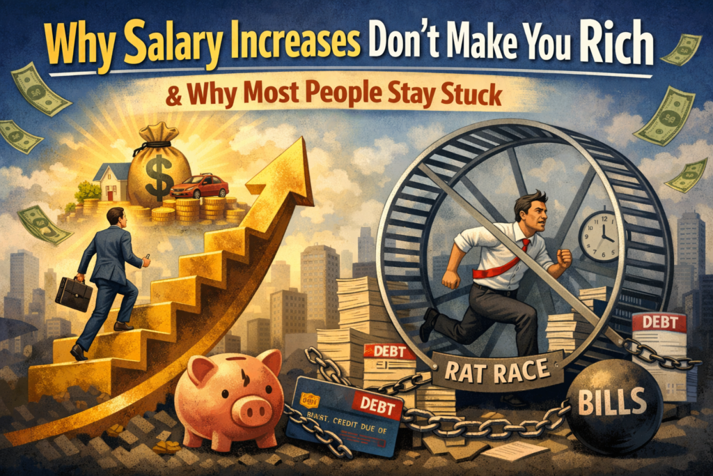 Illustration explaining why higher salaries don’t lead to real wealth