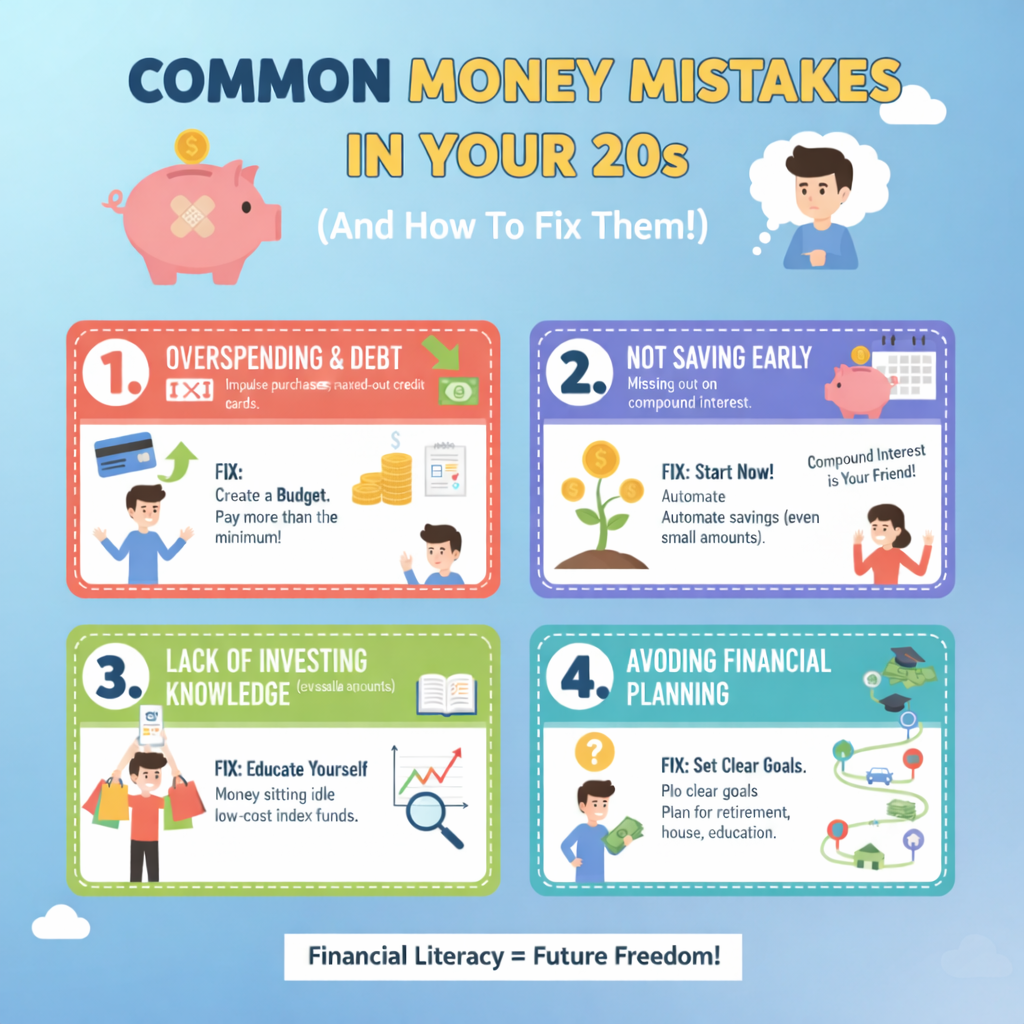 Infographic showing common money mistakes people make in their 20s, including lifestyle inflation, credit card misuse, lack of savings, and poor financial planning.