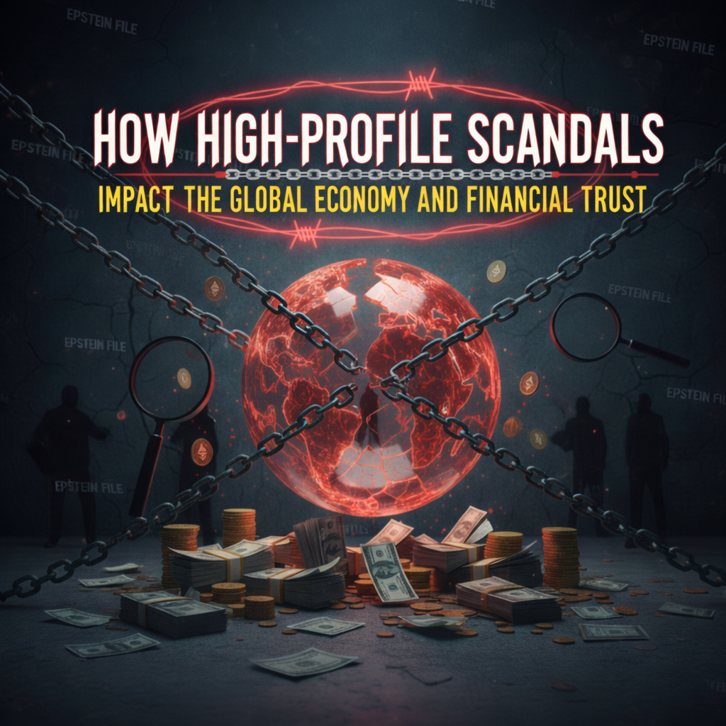 Illustration showing how high-profile scandals impact global financial trust and the world economy