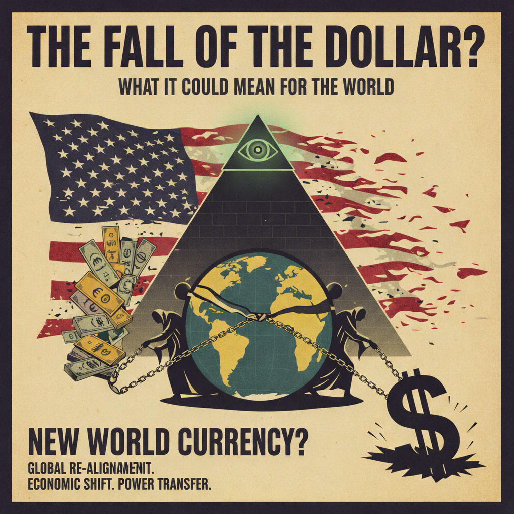 The Fall of the Dollar? What It Could Mean for the World poster showing collapsing Statue of Liberty, US flag, and financial crisis theme