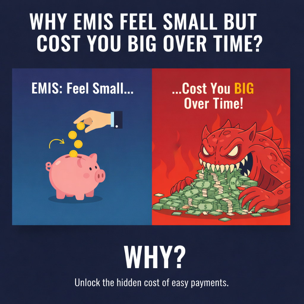 Illustration showing why EMIs feel small monthly but become expensive over time due to accumulated interest and long repayment periods