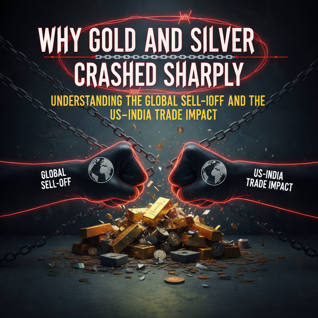 Illustration showing why gold and silver crashed sharply during a global market sell-off and trade uncertainty