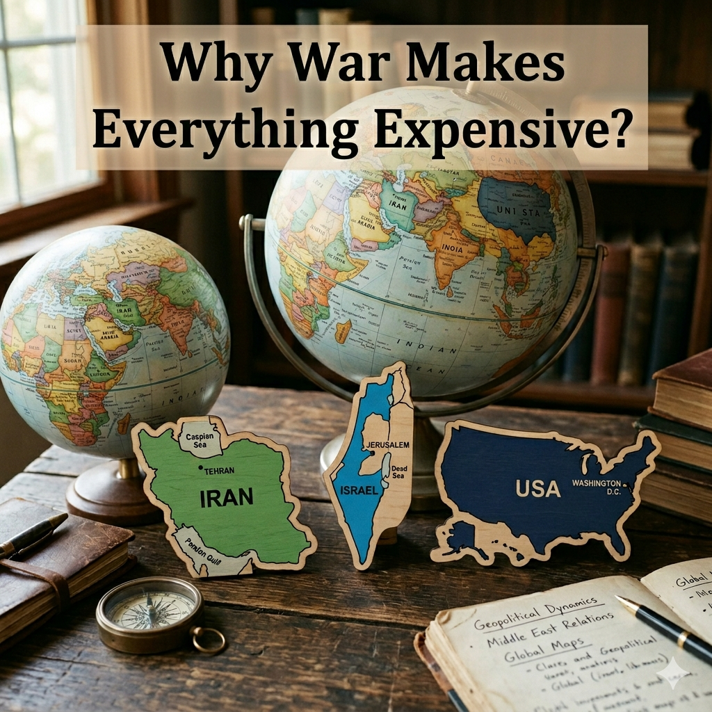 War and inflation illustration showing oil, fuel, food, and global prices rising during conflict