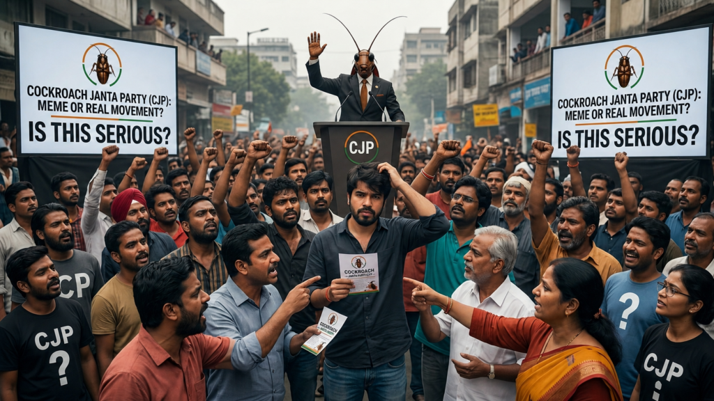 illustrator image Gen Z protest crowd holding Cockroach Janta Party (CJP) banners during viral meme movement in India