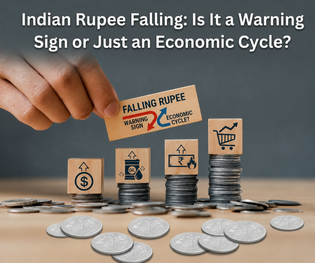 Indian rupee falling infographic showing economic warning signs, inflation, oil prices, and currency depreciation